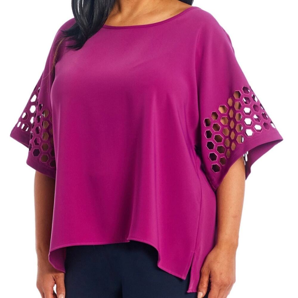 Ali Miles 2X Blouse Top NWT Berry Purple Laser Cut Out Dolman Sleeve Artsy